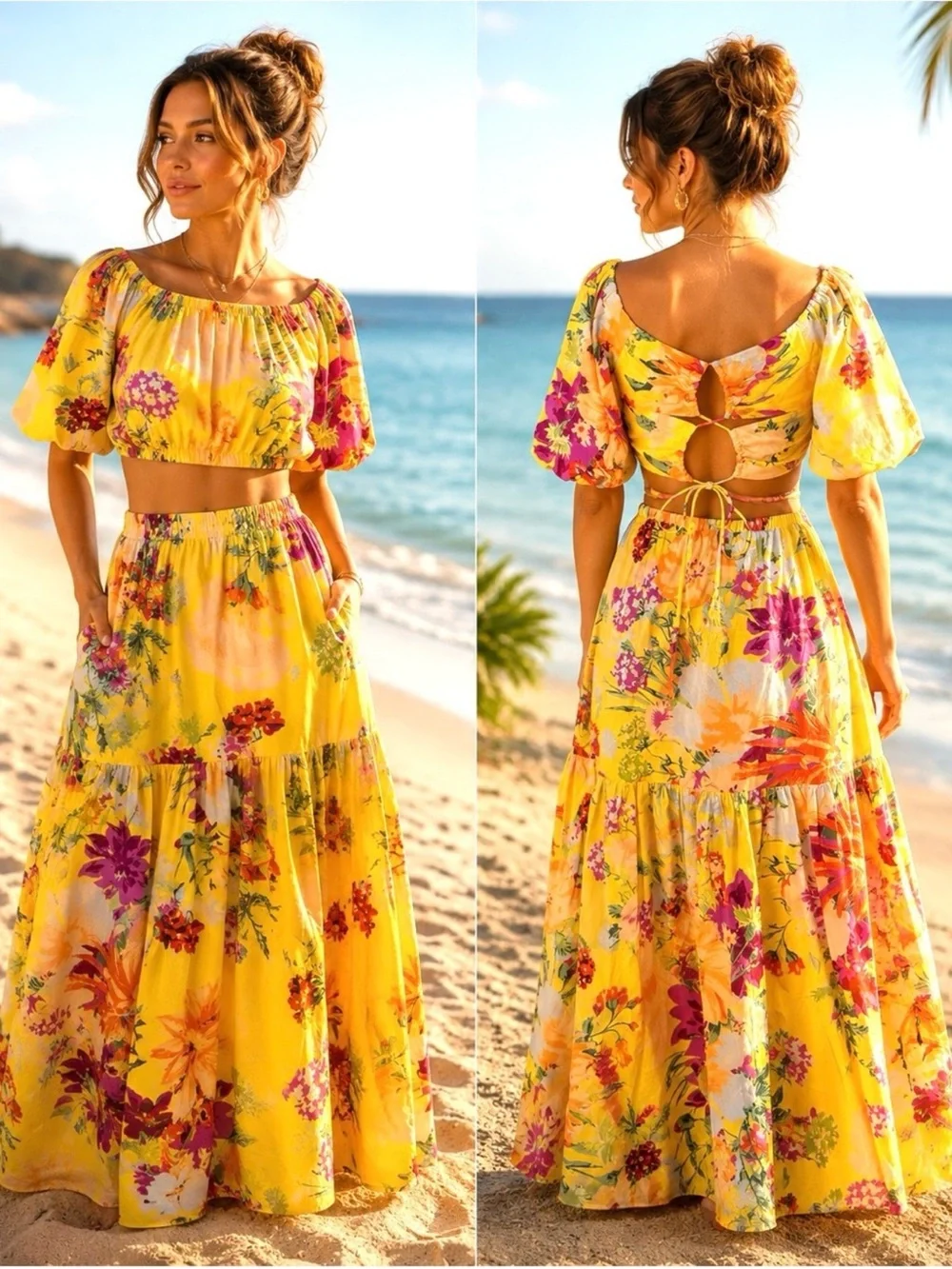Yellow Floral Tiered Maxi Skirt and top set